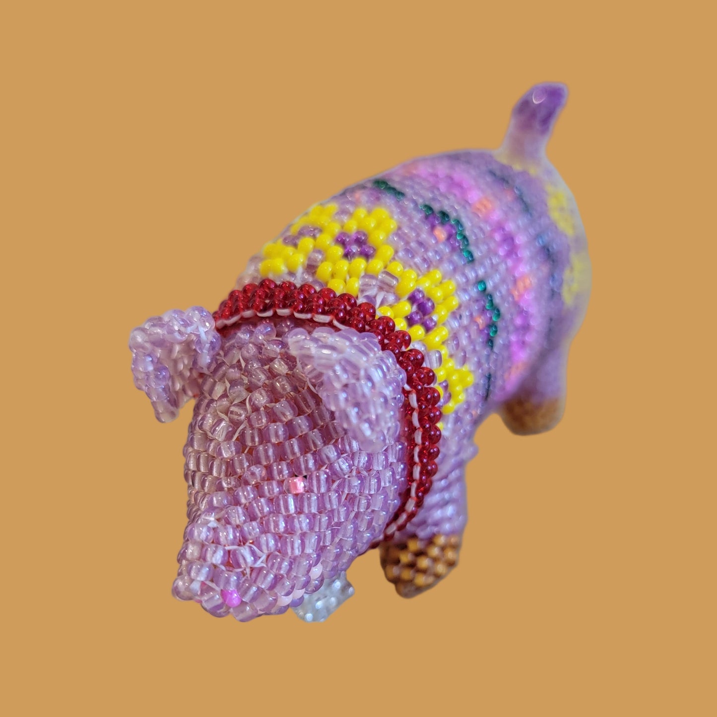 Fully Beaded Zuni Adorable Pig w/ Beaded Bell Collar Indian Beadwork