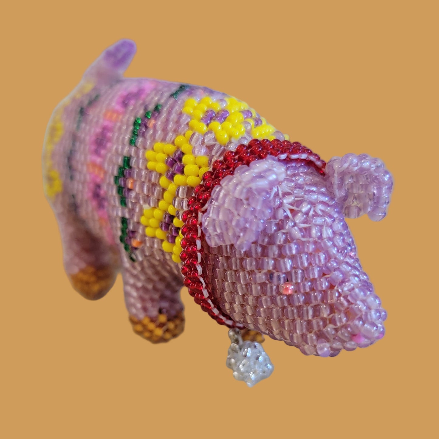 Fully Beaded Zuni Adorable Pig w/ Beaded Bell Collar Indian Beadwork