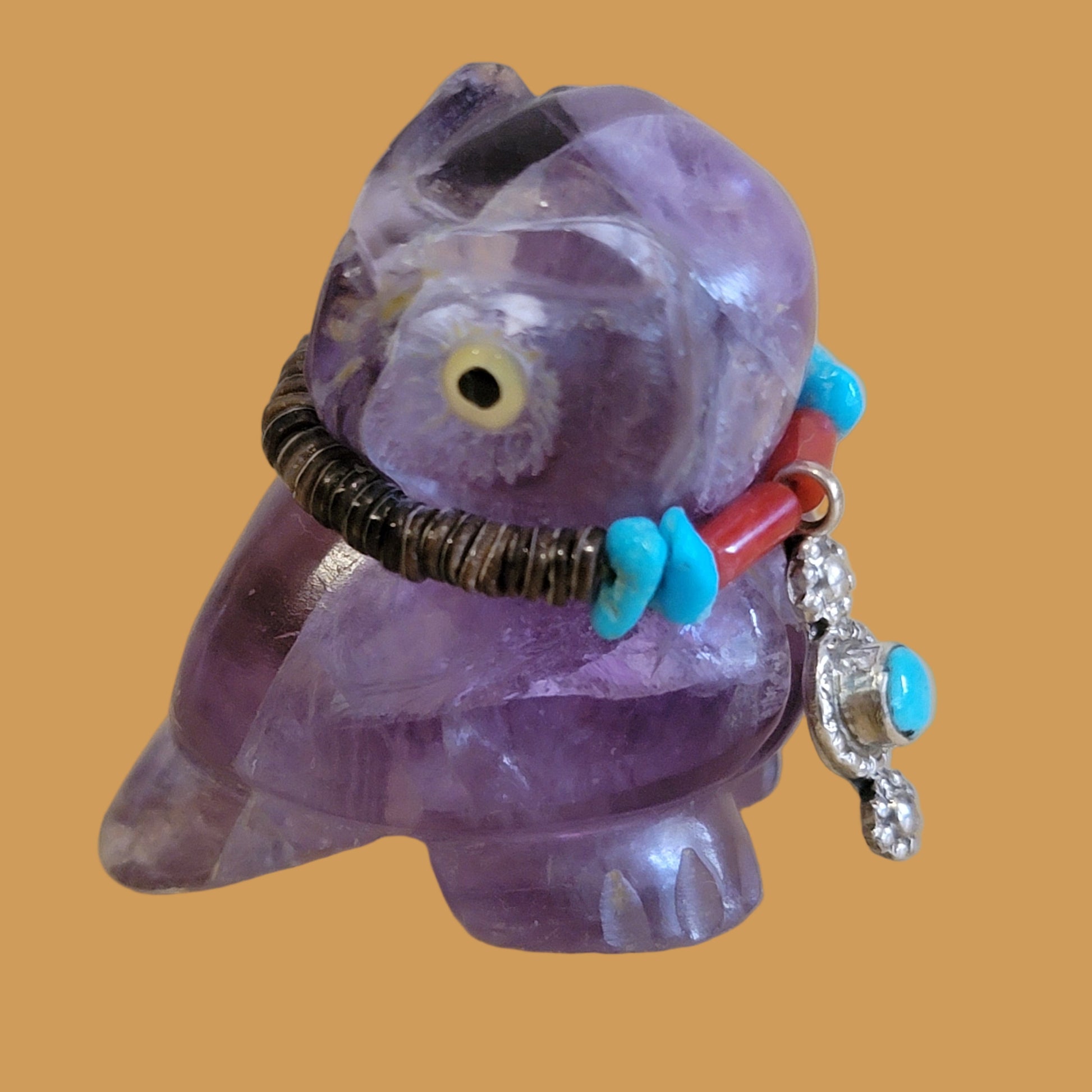 Beautiful Fluorite Hoot Owl w/ Sterling and Turquoise Jewelry Zuni Fetish