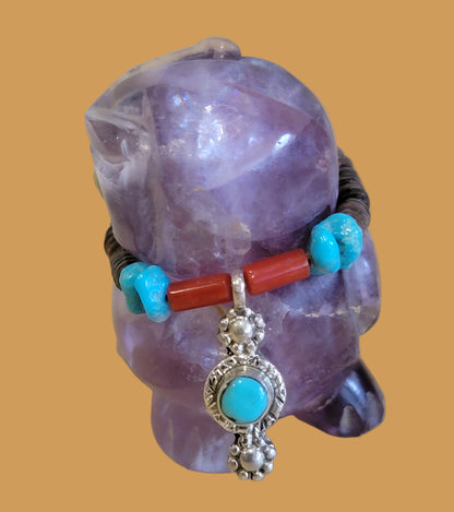 Beautiful Fluorite Hoot Owl w/ Sterling and Turquoise Jewelry Zuni Fetish