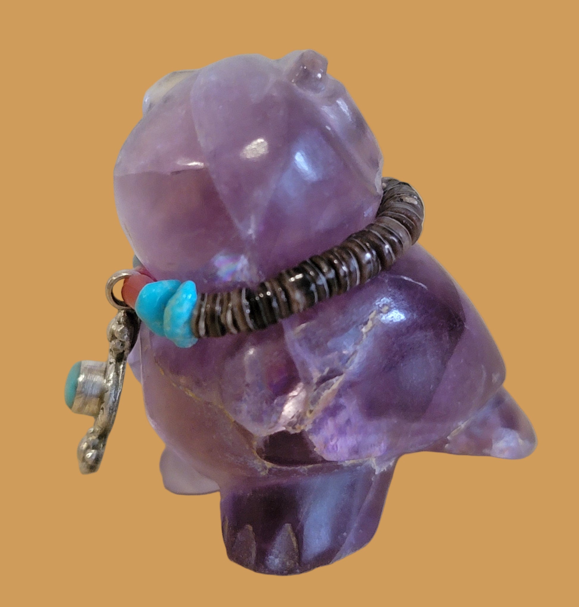 Beautiful Fluorite Hoot Owl w/ Sterling and Turquoise Jewelry Zuni Fetish