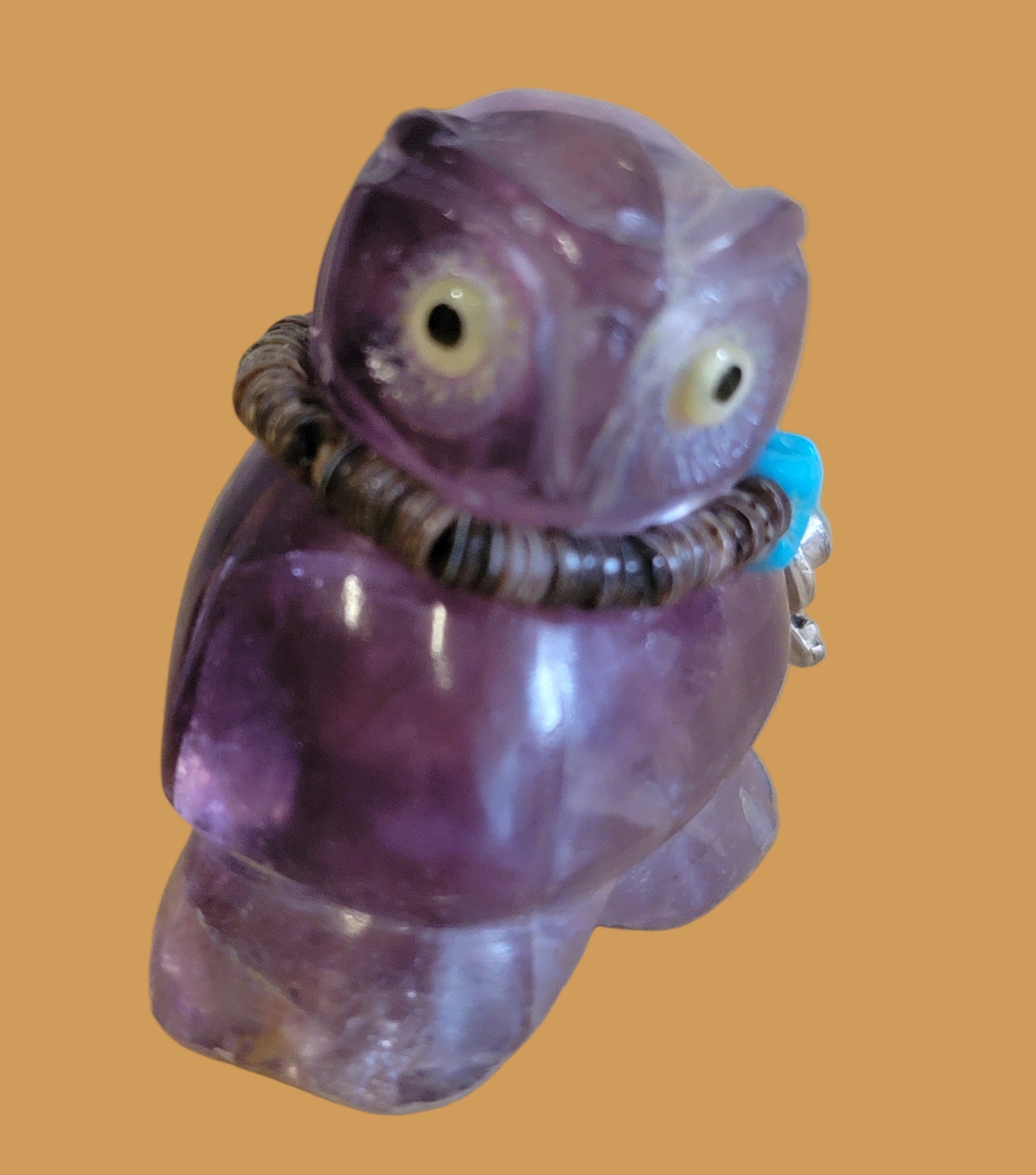 Beautiful Fluorite Hoot Owl w/ Sterling and Turquoise Jewelry Zuni Fetish