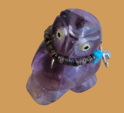 Beautiful Fluorite Hoot Owl w/ Sterling and Turquoise Jewelry Zuni Fetish