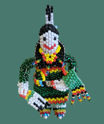 Fully Beaded Zuni Holiday Maiden in Green w/Shawl and Fan Indian Beadwork
