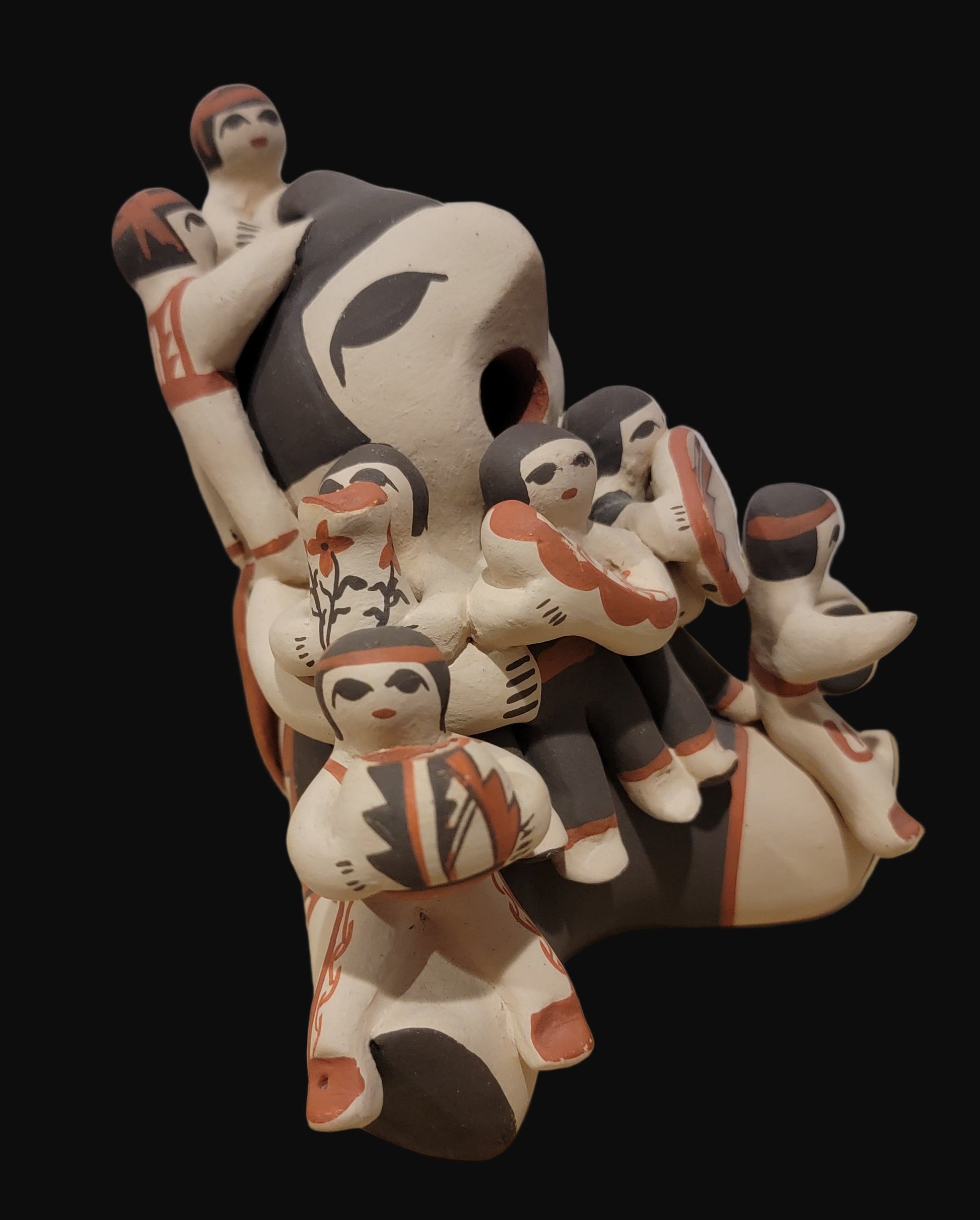 Vintage Jemez Pueblo Pottery Storyteller w/ 7 Children, Papoose, Drums, Pottery Bowls, Vase