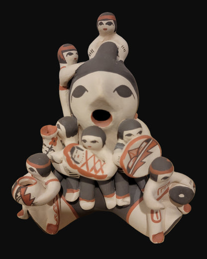 Vintage Jemez Pueblo Pottery Storyteller w/ 7 Children, Papoose, Drums, Pottery Bowls, Vase