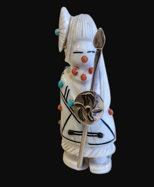 Antler Warrior Maiden w/ Sterling Silver Shield and Spear Zuni Fetish