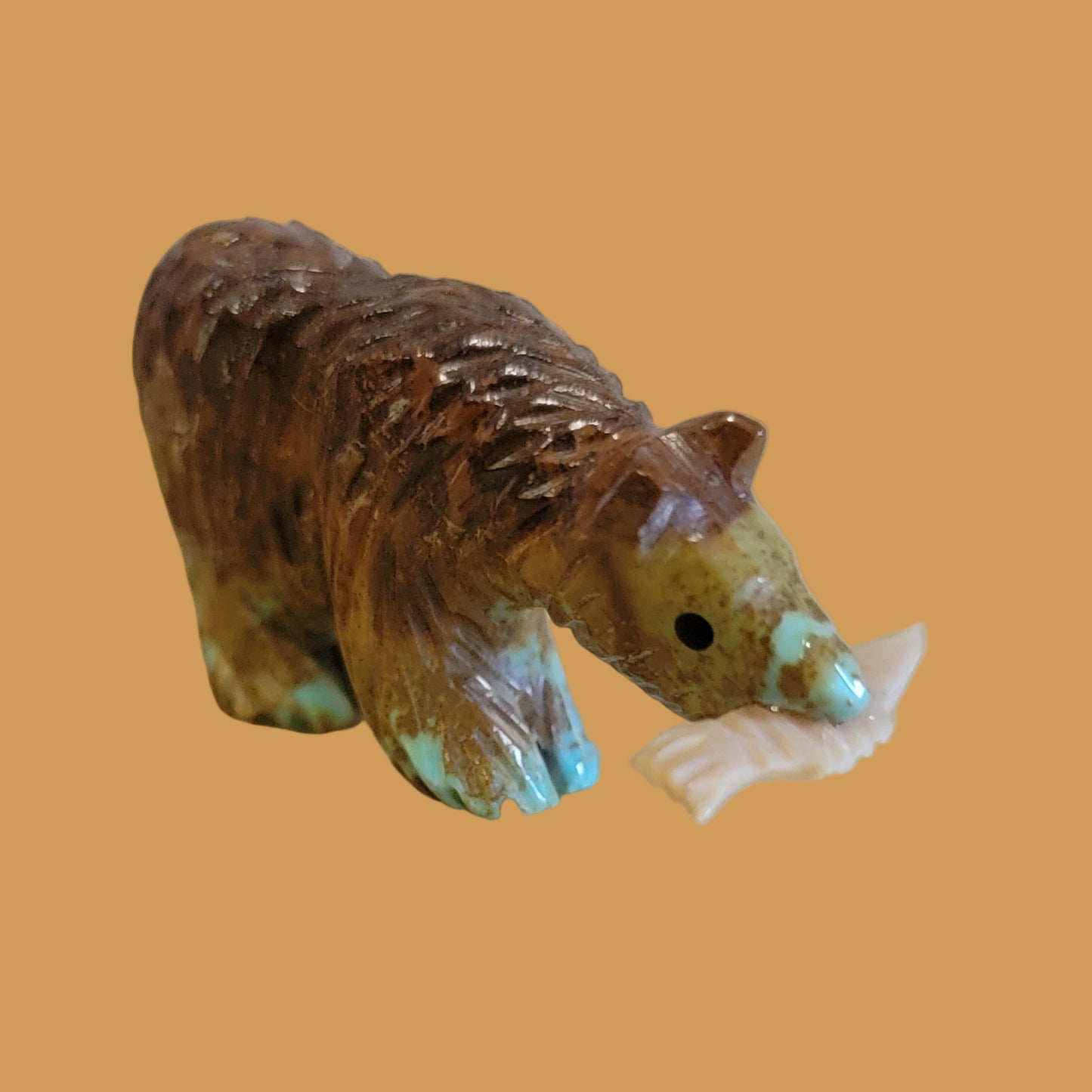 Furry Turquoise Bear w/Fish Zuni Fetish