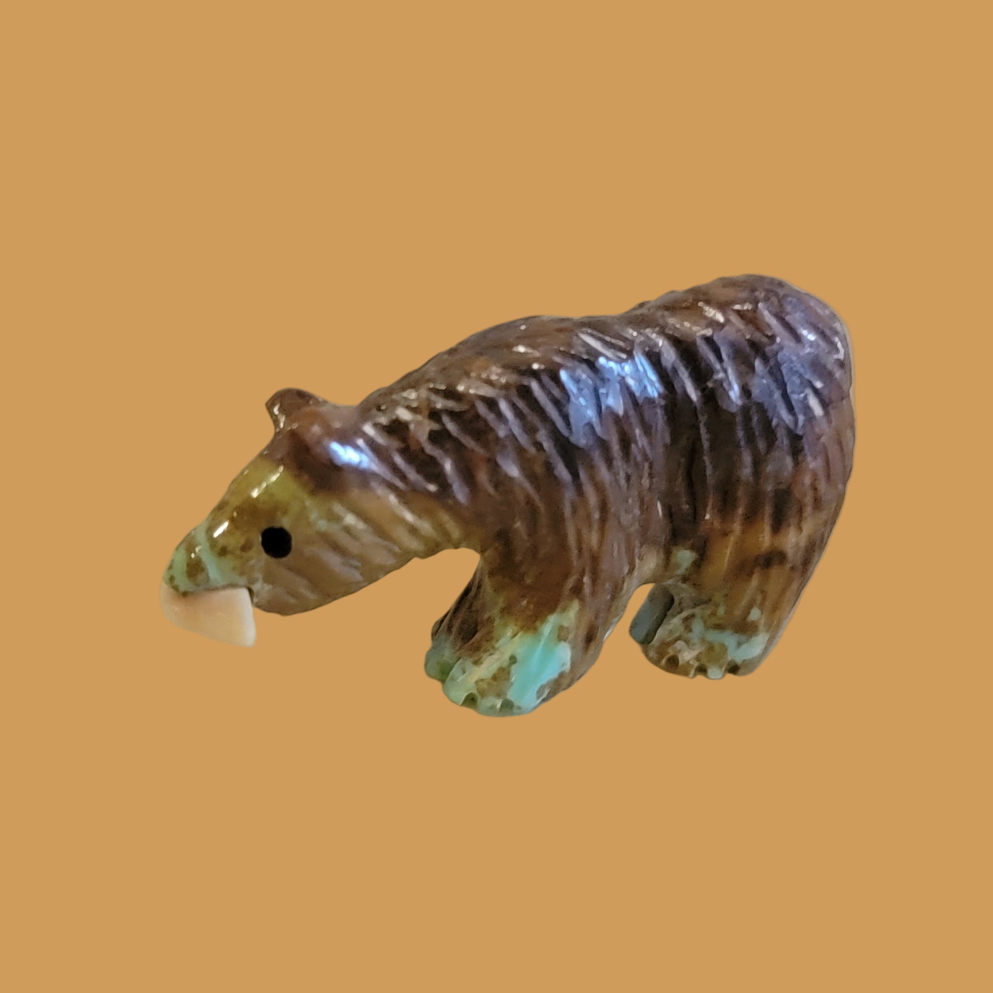 Furry Turquoise Bear w/Fish Zuni Fetish