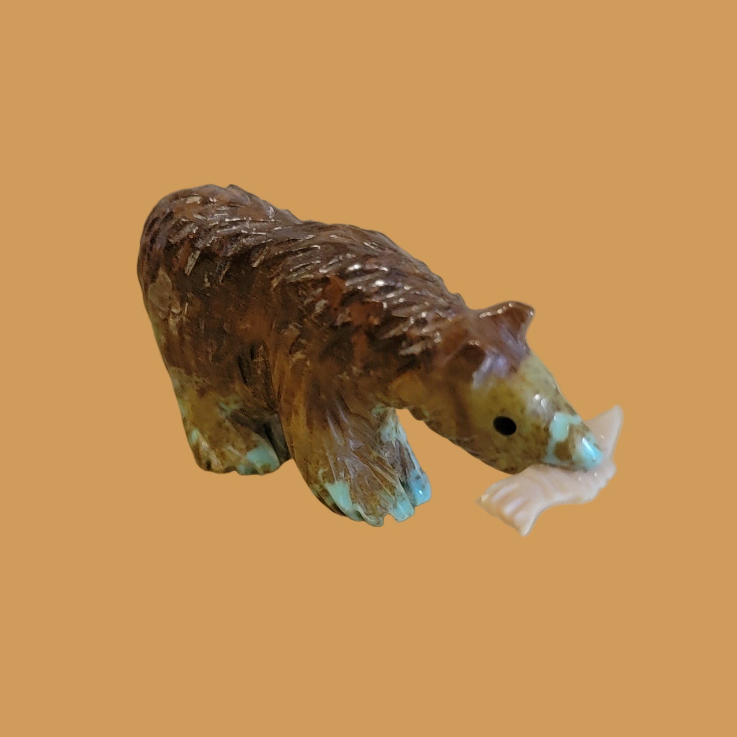 Furry Turquoise Bear w/Fish Zuni Fetish