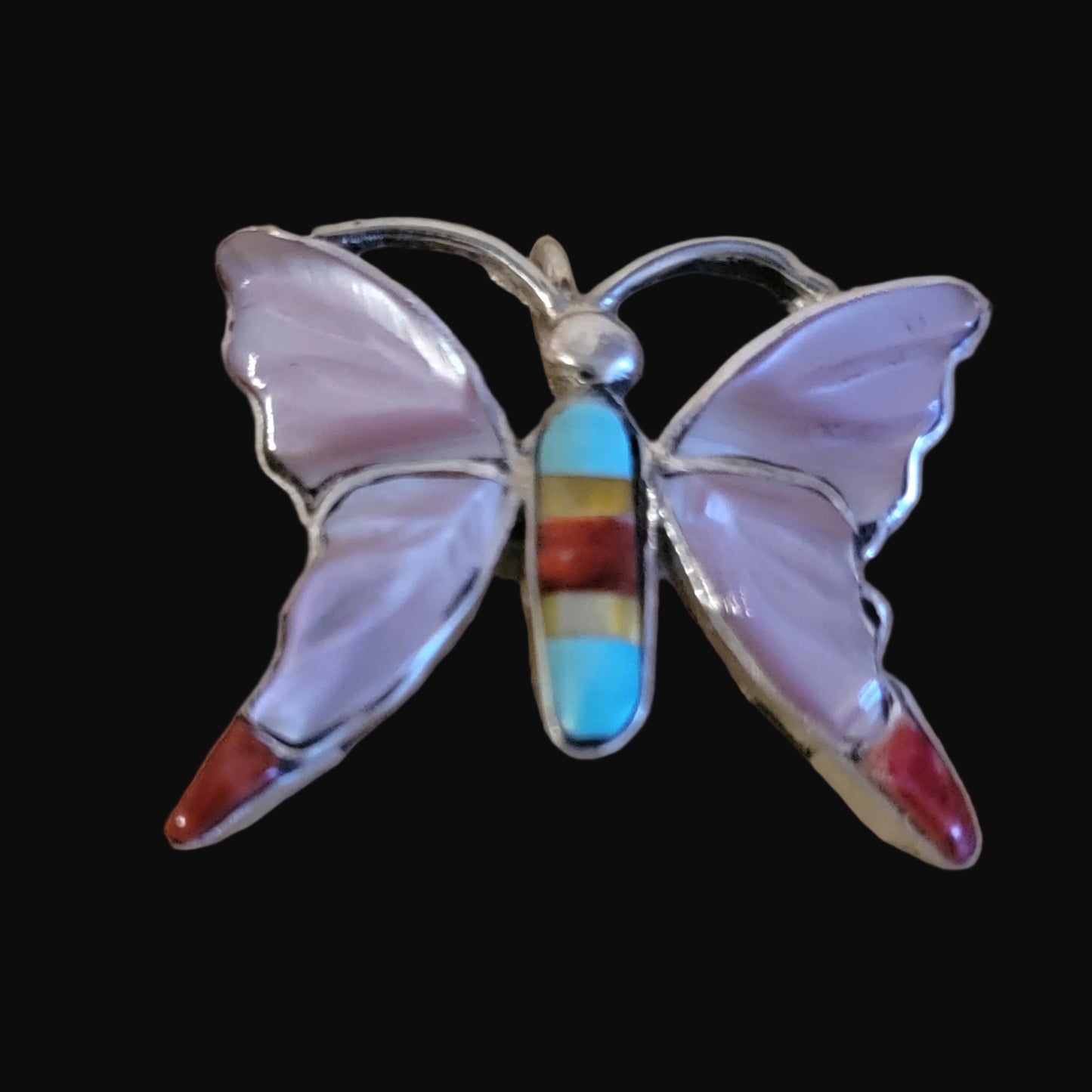 Pink Mussel Shell Zuni Inlay Sterling Silver Butterfly Pendant Indian Jewelry