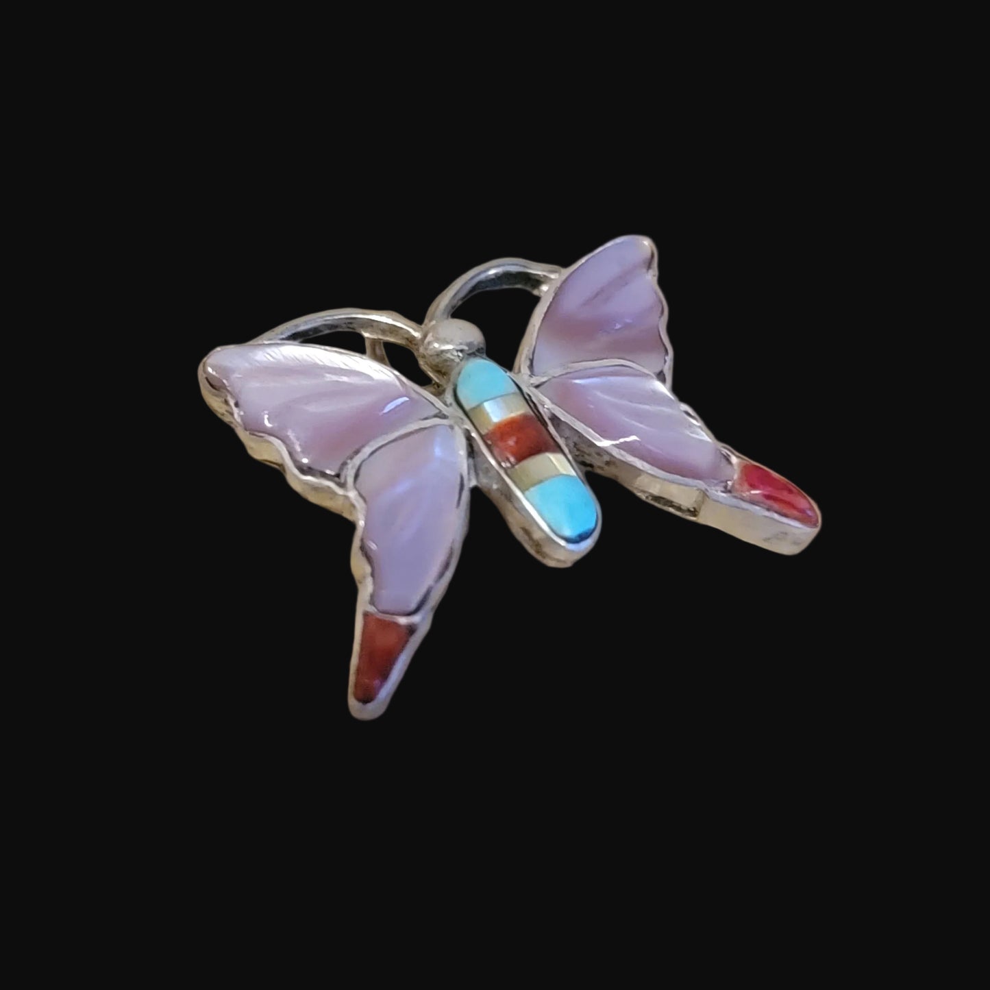 Pink Mussel Shell Zuni Inlay Sterling Silver Butterfly Pendant Indian Jewelry