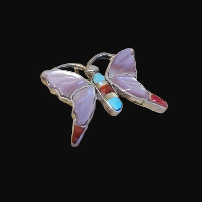 Pink Mussel Shell Zuni Inlay Sterling Silver Butterfly Pendant Indian Jewelry