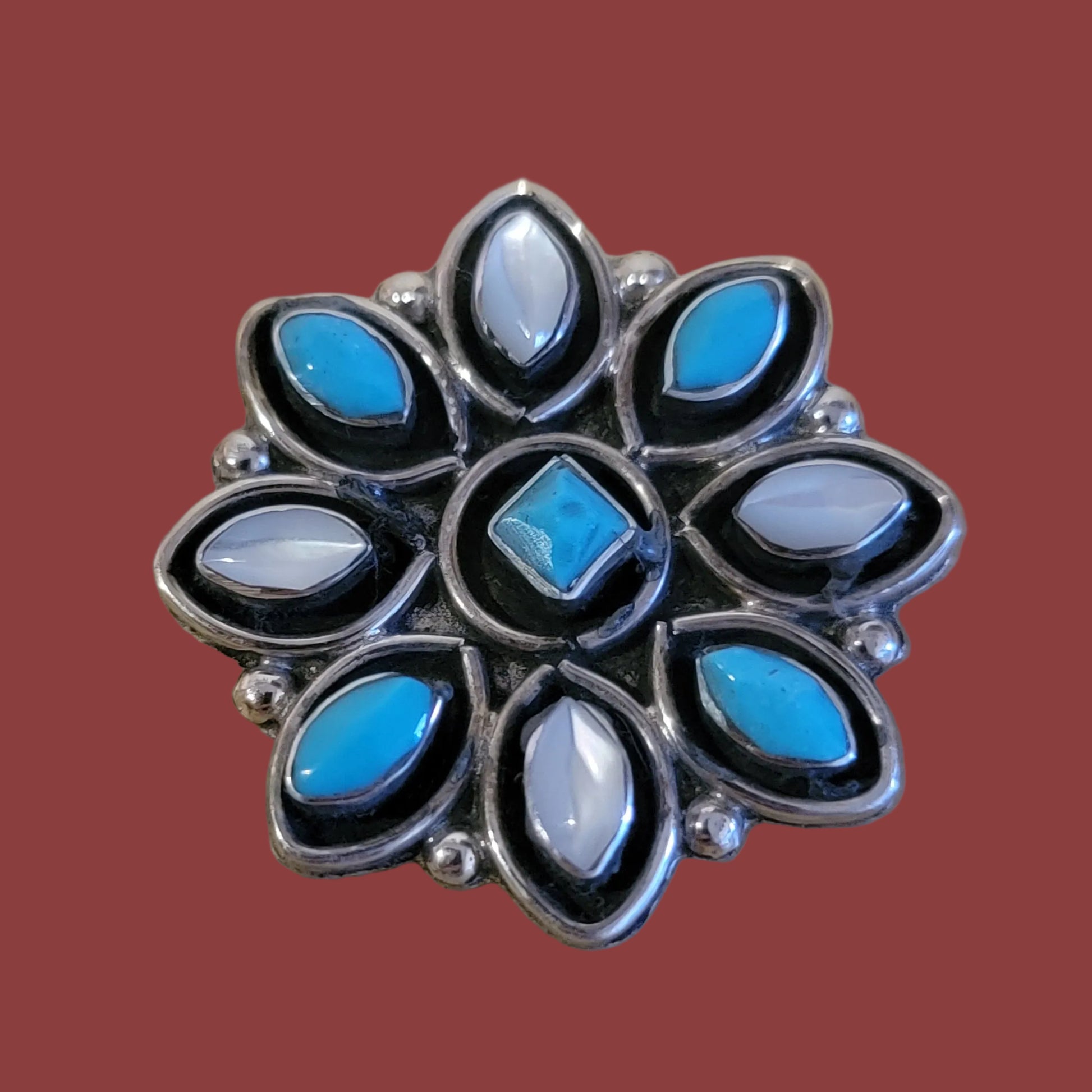 Turquoise and Mother of Pearl Sterling Silver Zuni Snowflake Pin/Pendant Indian Jewelry