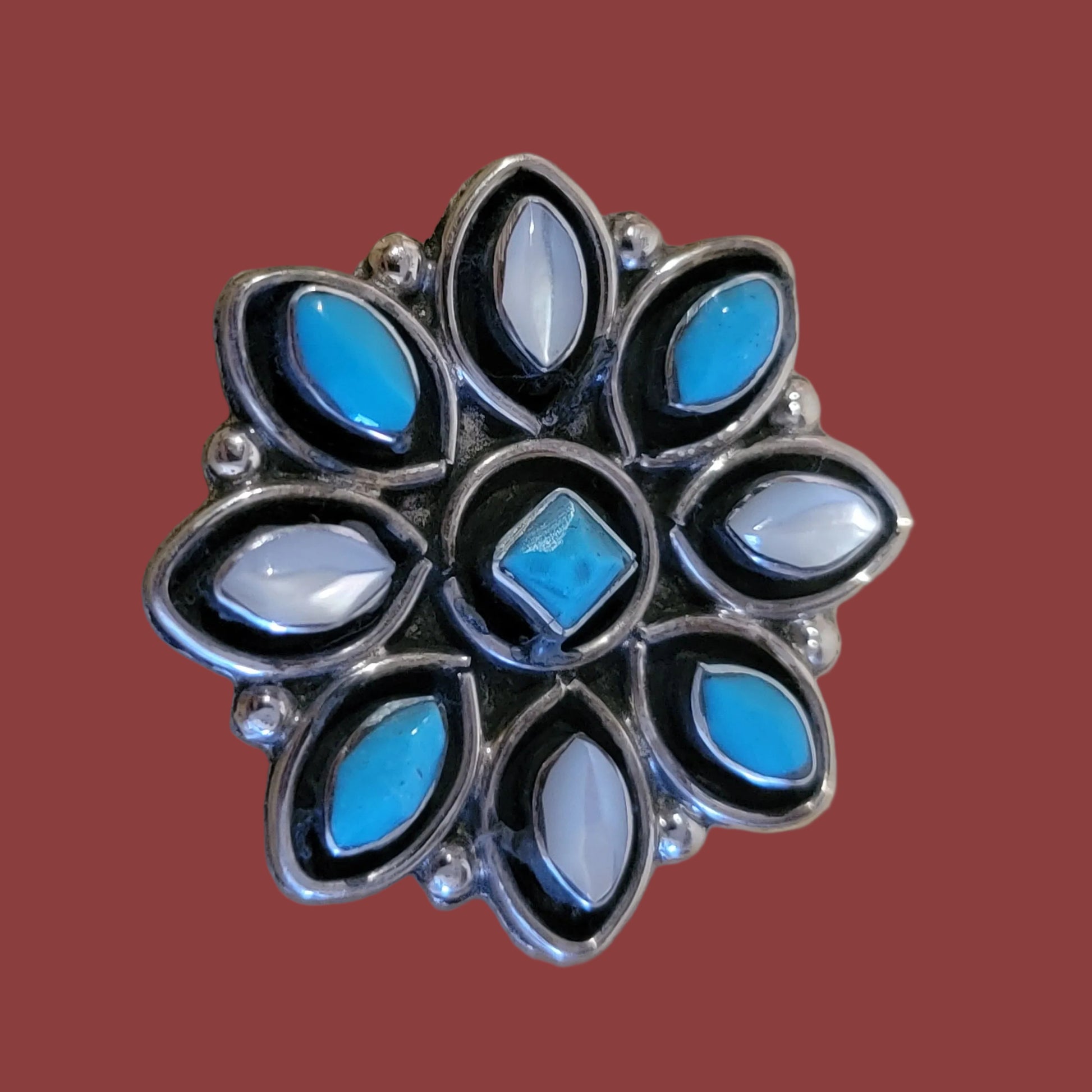 Turquoise and Mother of Pearl Sterling Silver Zuni Snowflake Pin/Pendant Indian Jewelry