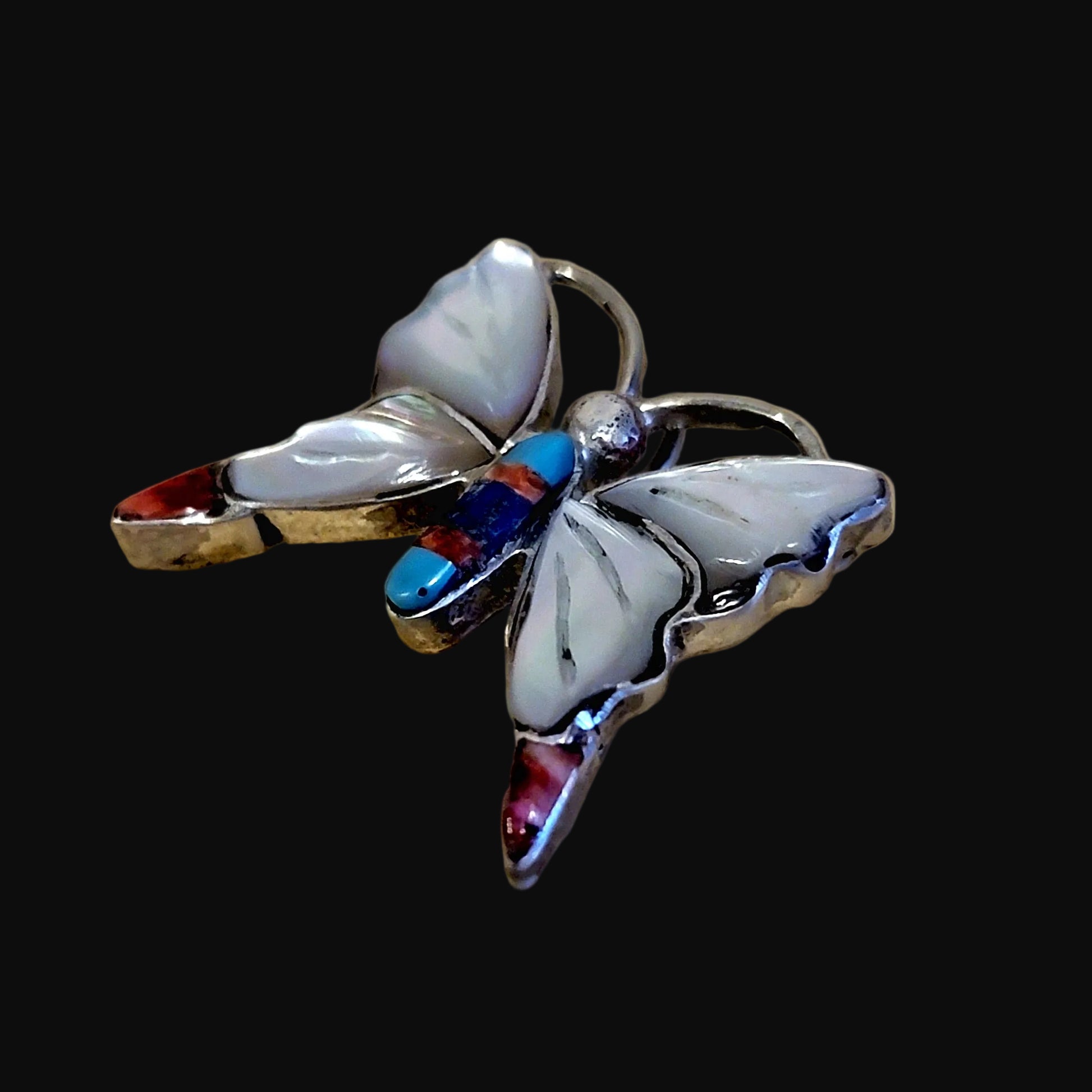 Mother of Pearl Inlaid Sterling Butterfly Zuni Pendant Indian Jewelry