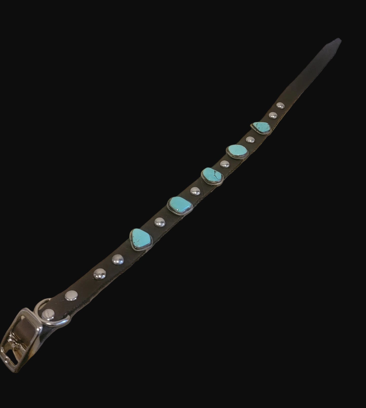 Navajo Leather Dog Collar w/5 Turquoise and Sterling Silver Matching Stones for the Pampered Pooch