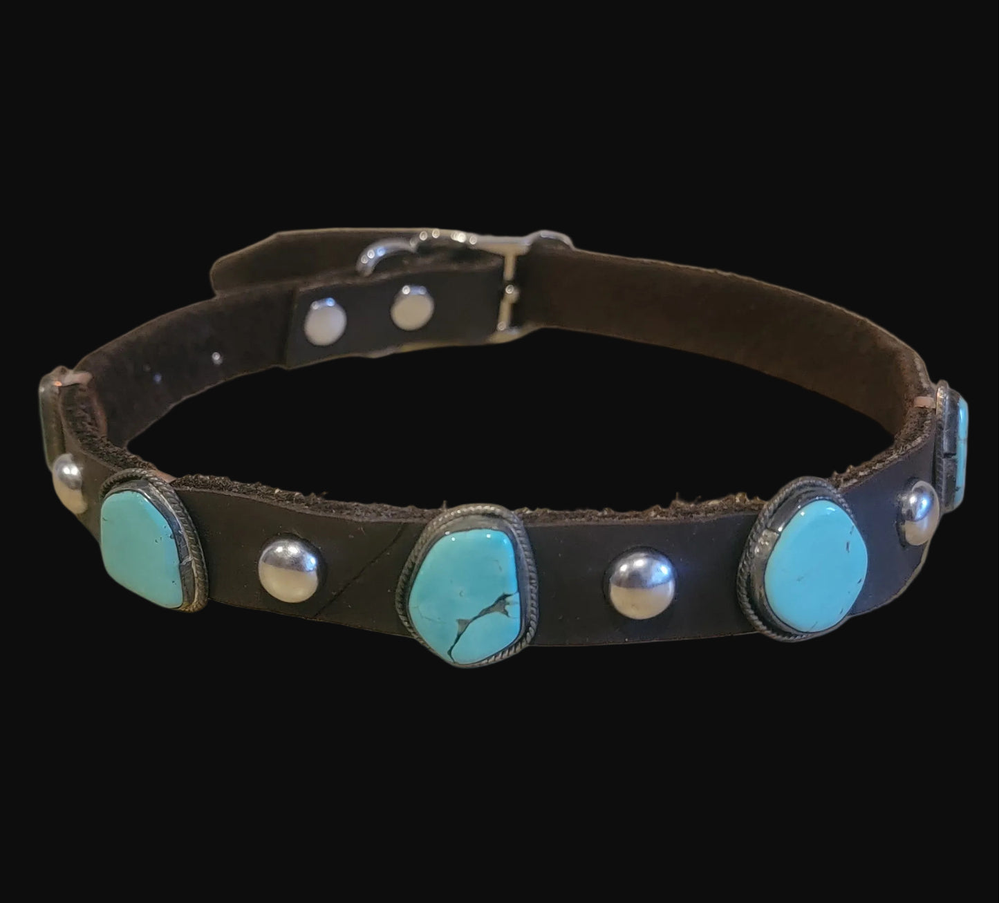 Navajo Leather Dog Collar w/5 Turquoise and Sterling Silver Matching Stones for the Pampered Pooch