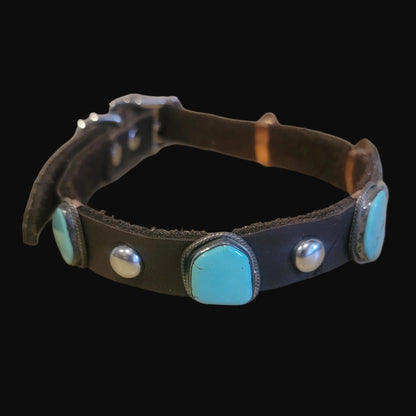 Navajo Leather Dog Collar w/5 Turquoise and Sterling Silver Matching Stones for the Pampered Pooch