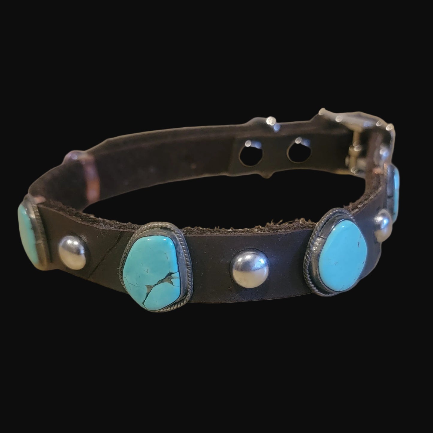 Navajo Leather Dog Collar w/5 Turquoise and Sterling Silver Matching Stones for the Pampered Pooch