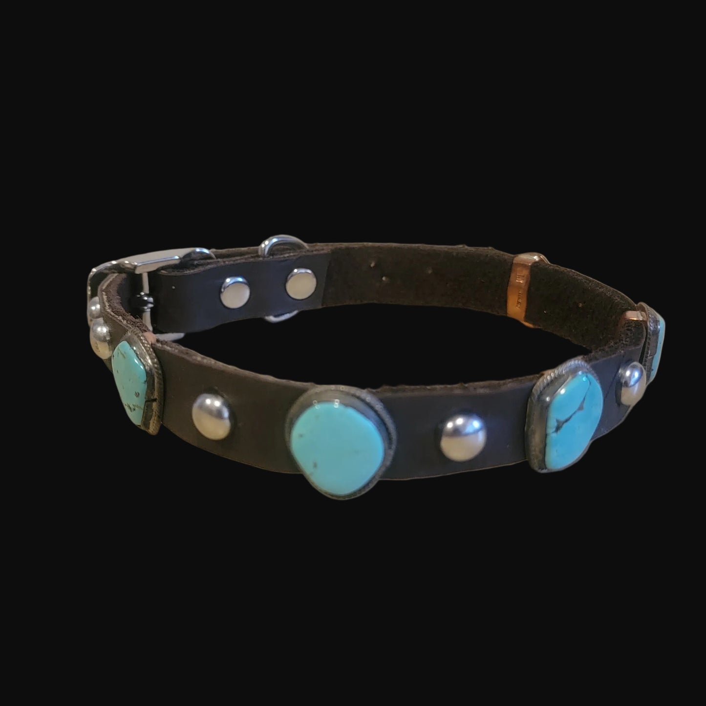 Navajo Leather Dog Collar w/5 Turquoise and Sterling Silver Matching Stones for the Pampered Pooch