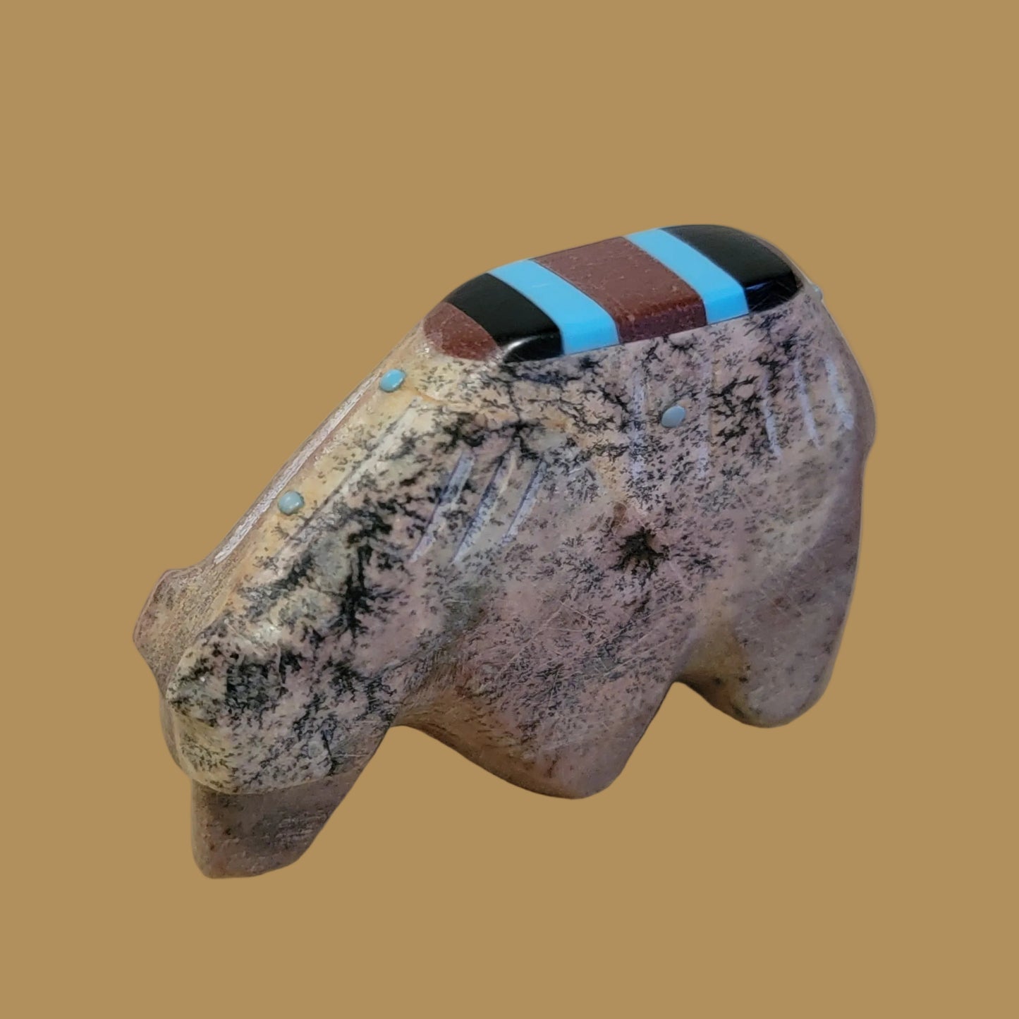 Serpentine Grizzly Bear w/ Inlaid Back Zuni Fetish