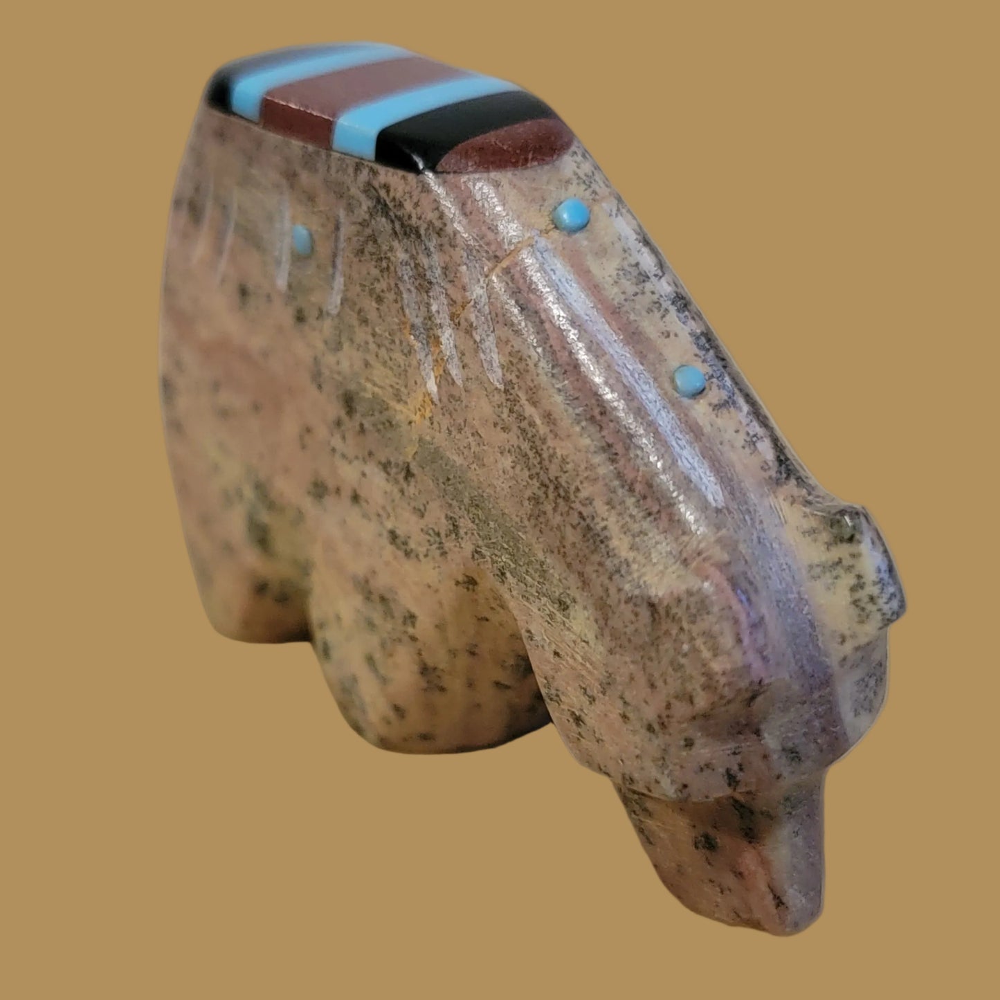 Serpentine Grizzly Bear w/ Inlaid Back Zuni Fetish