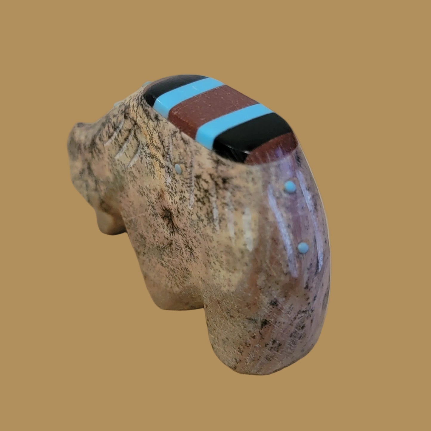 Serpentine Grizzly Bear w/ Inlaid Back Zuni Fetish