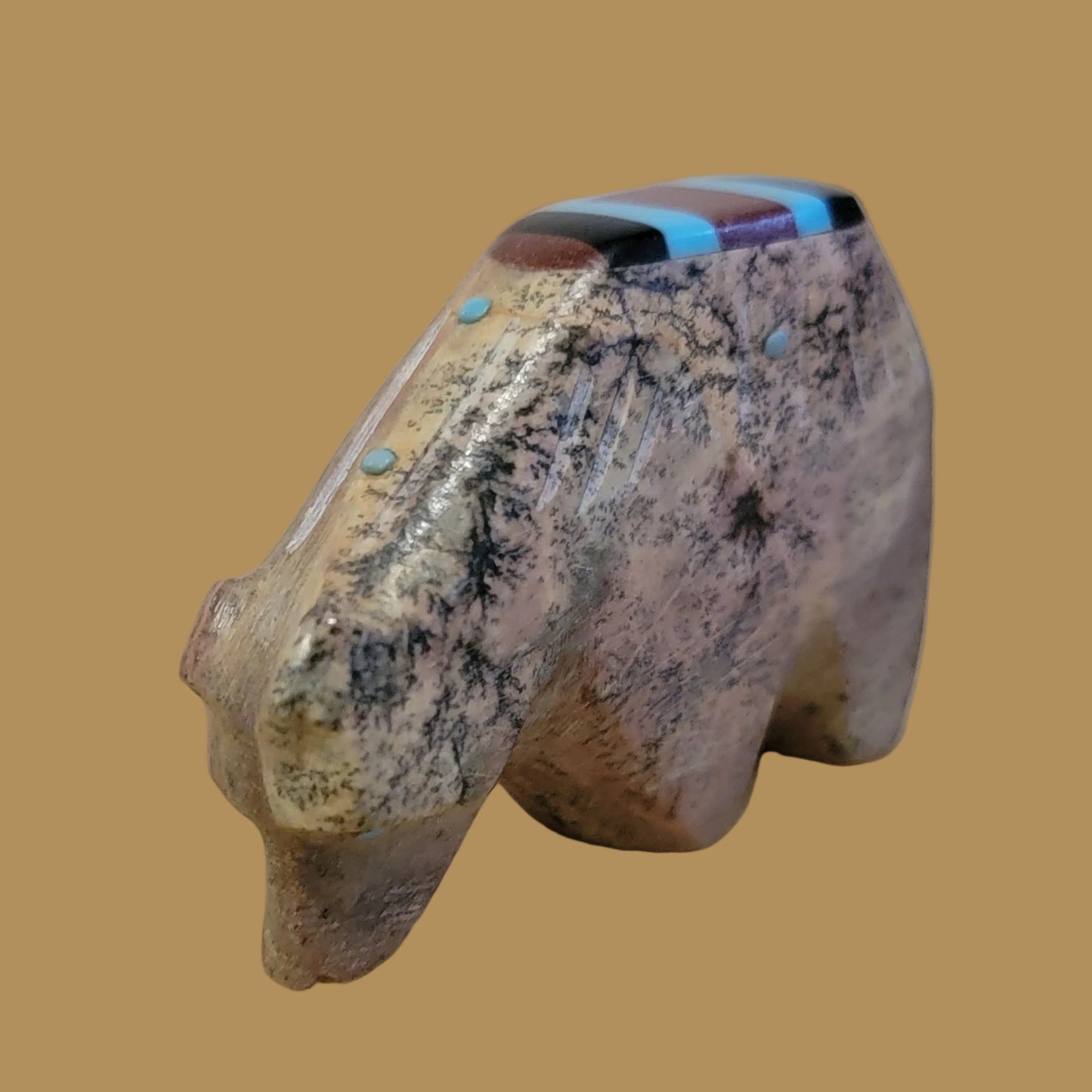 Serpentine Grizzly Bear w/ Inlaid Back Zuni Fetish
