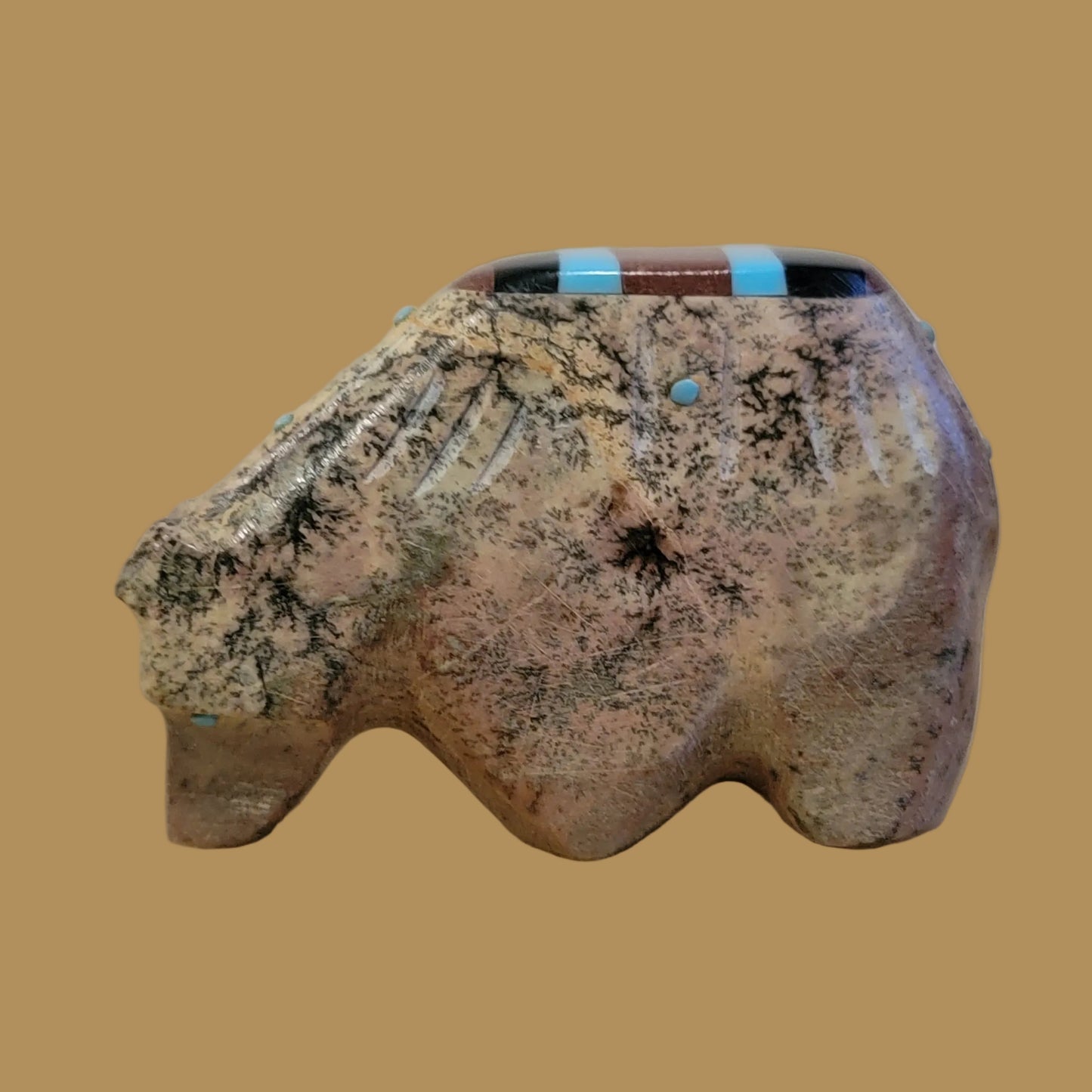Serpentine Grizzly Bear w/ Inlaid Back Zuni Fetish