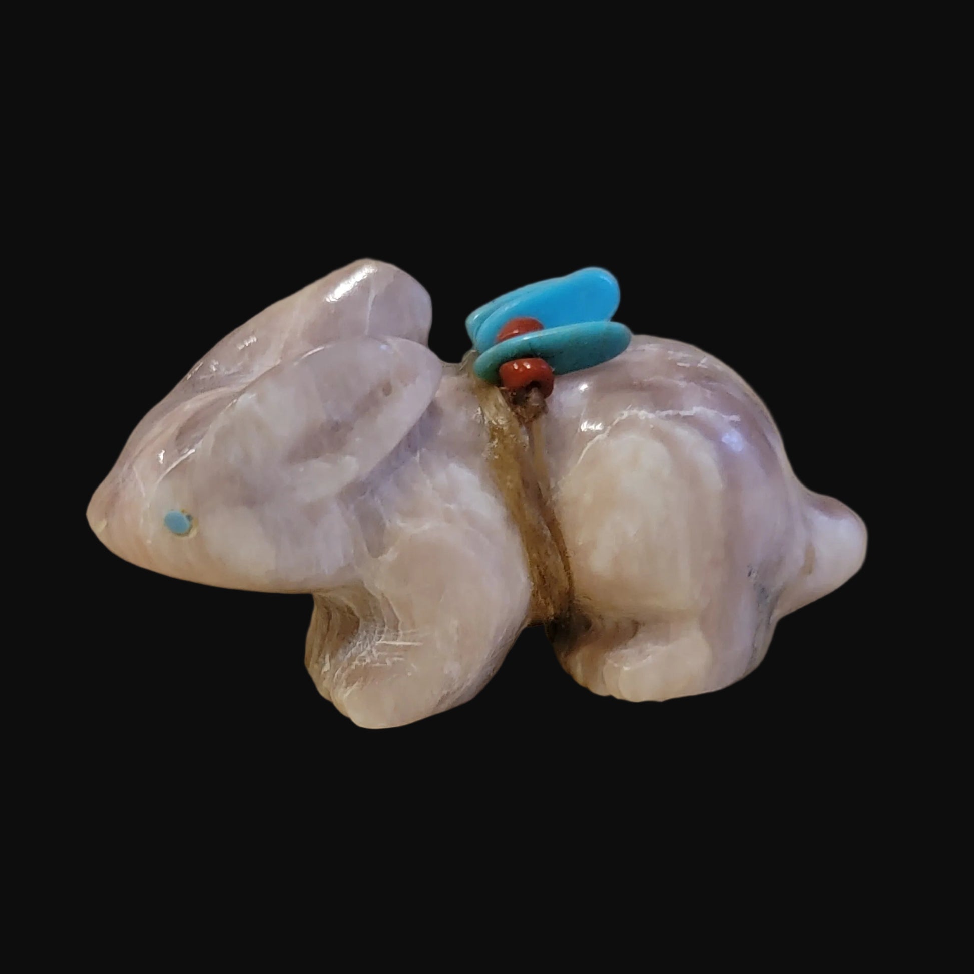 Old Rose Onyx Bunny Rabbit w/ Coral Pack Zuni Fetish