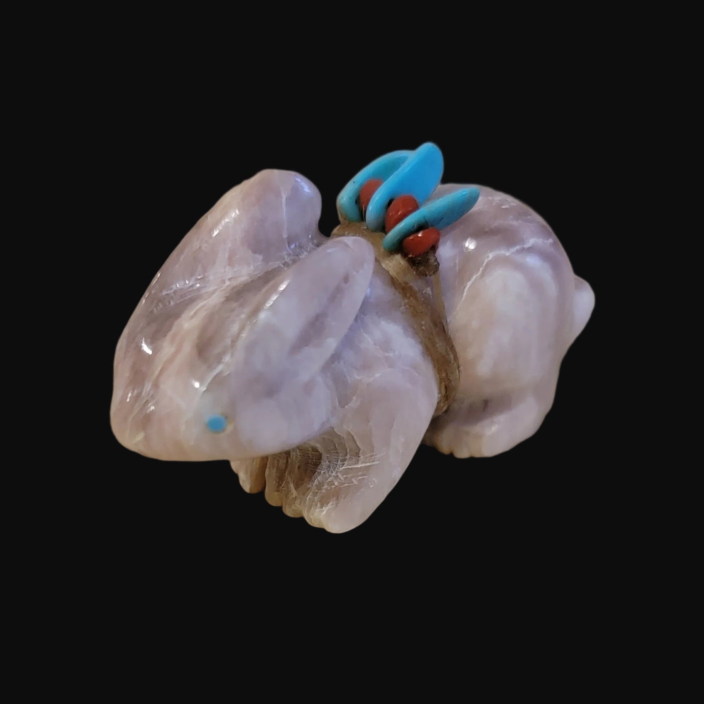 Old Rose Onyx Bunny Rabbit w/ Coral Pack Zuni Fetish