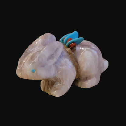 Old Rose Onyx Bunny Rabbit w/ Coral Pack Zuni Fetish