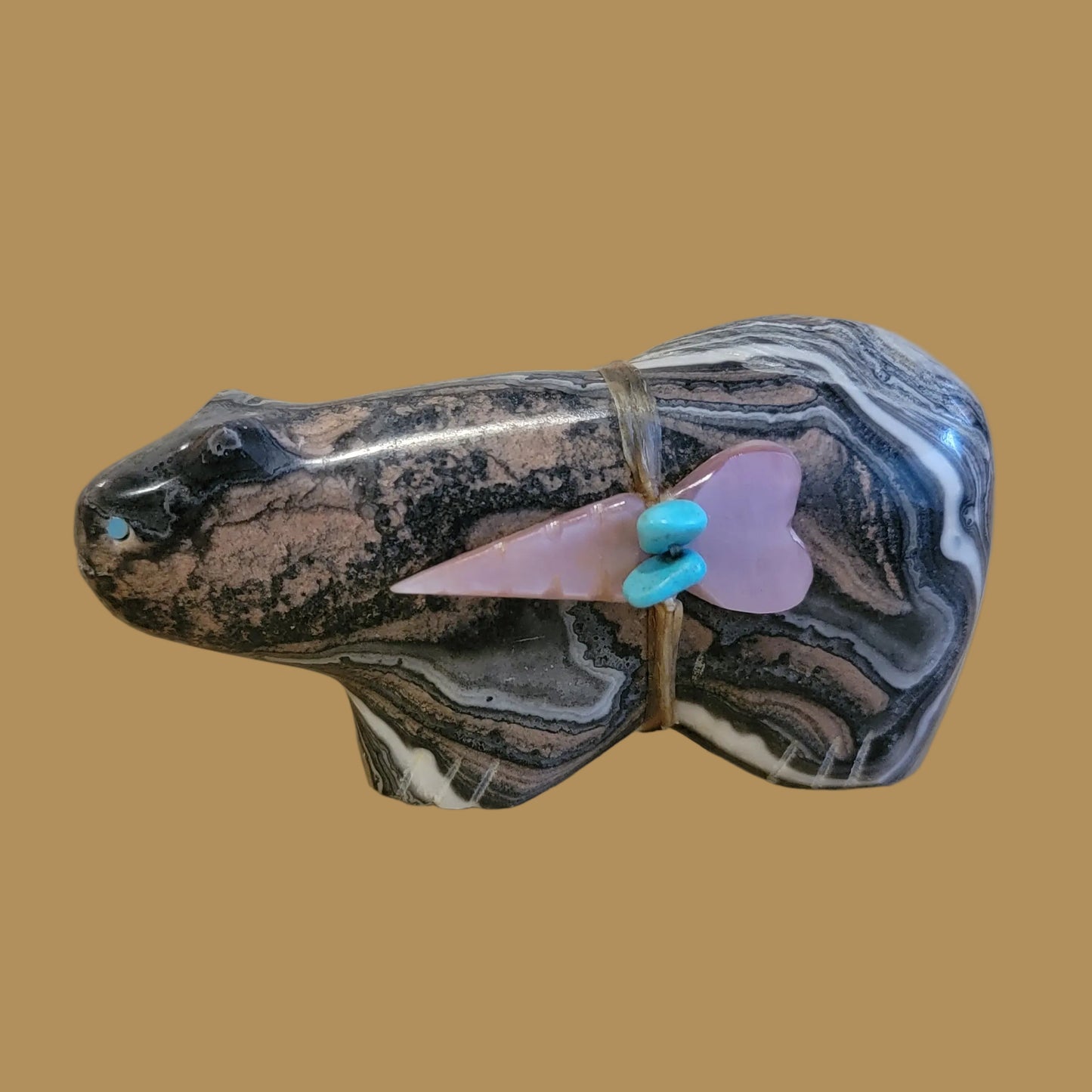 Zebra Calcite Mountain Lion w/Side Offering Zuni Fetish