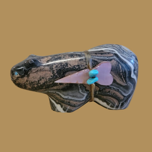 Zebra Calcite Mountain Lion w/Side Offering Zuni Fetish