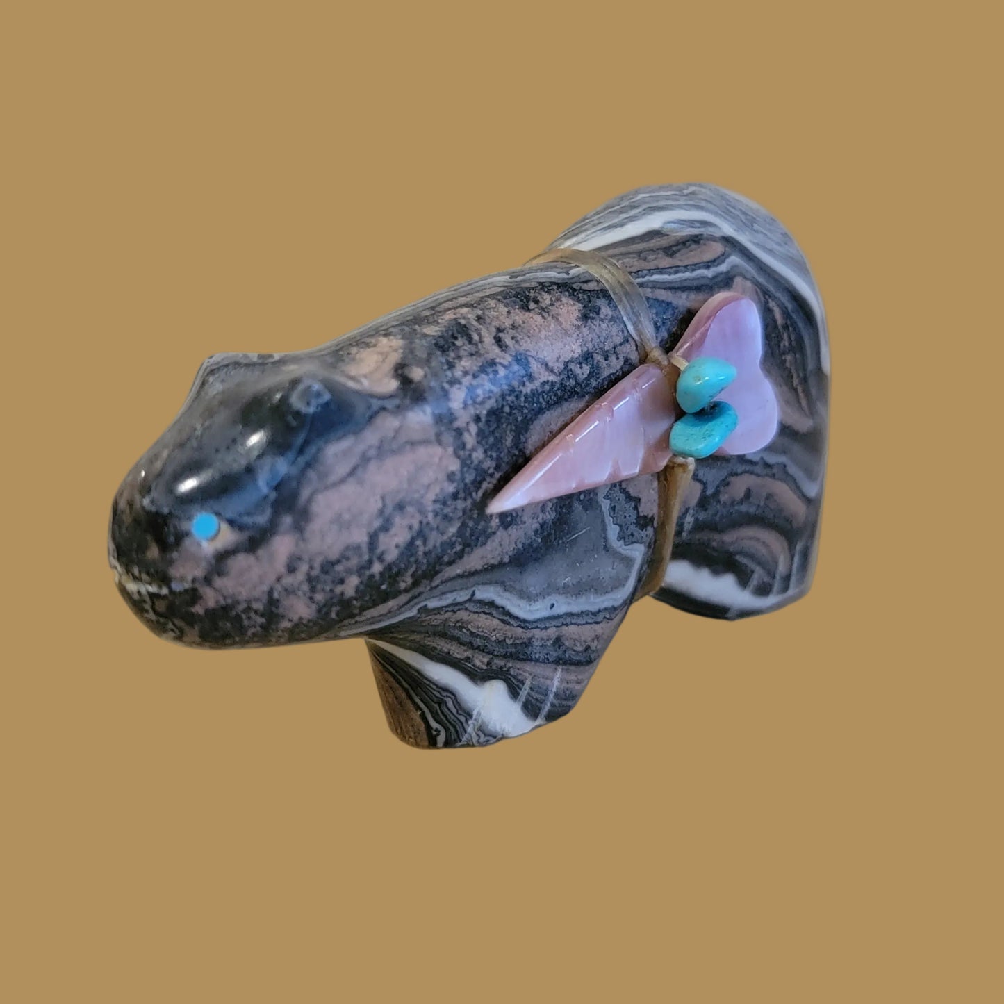 Zebra Calcite Mountain Lion w/Side Offering Zuni Fetish