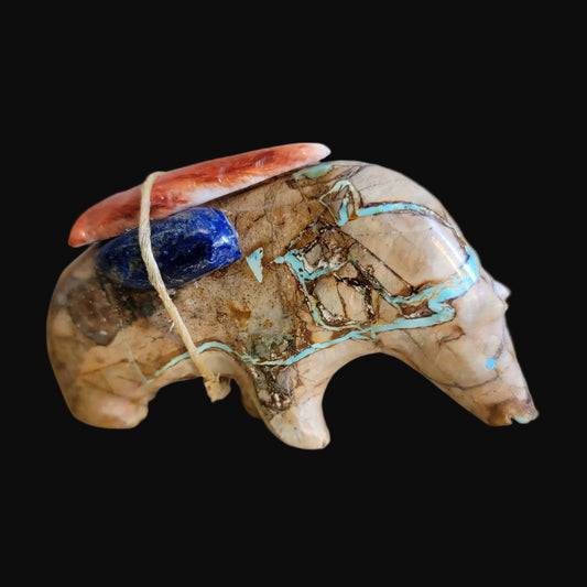 Elegant Turquoise Grizzly Medicine Bear w/Pack Zuni Fetish