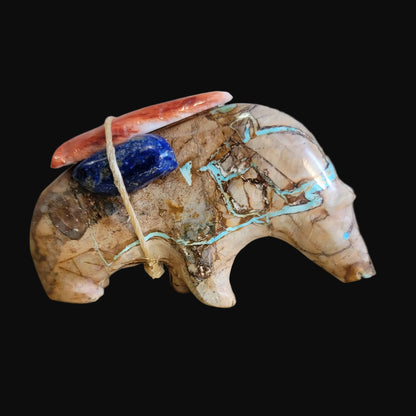 Elegant Turquoise Grizzly Medicine Bear w/Pack Zuni Fetish