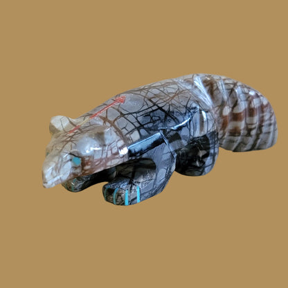 Unique Inlaid Picasso Marble Wolf Zuni Fetish