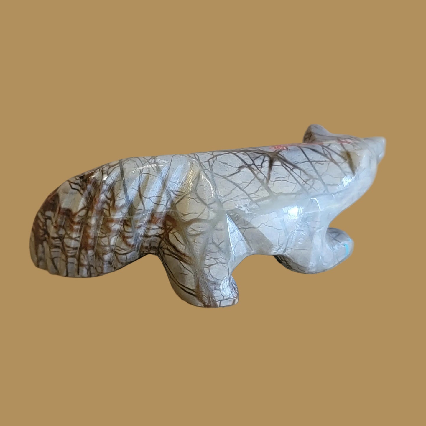 Unique Inlaid Picasso Marble Wolf Zuni Fetish