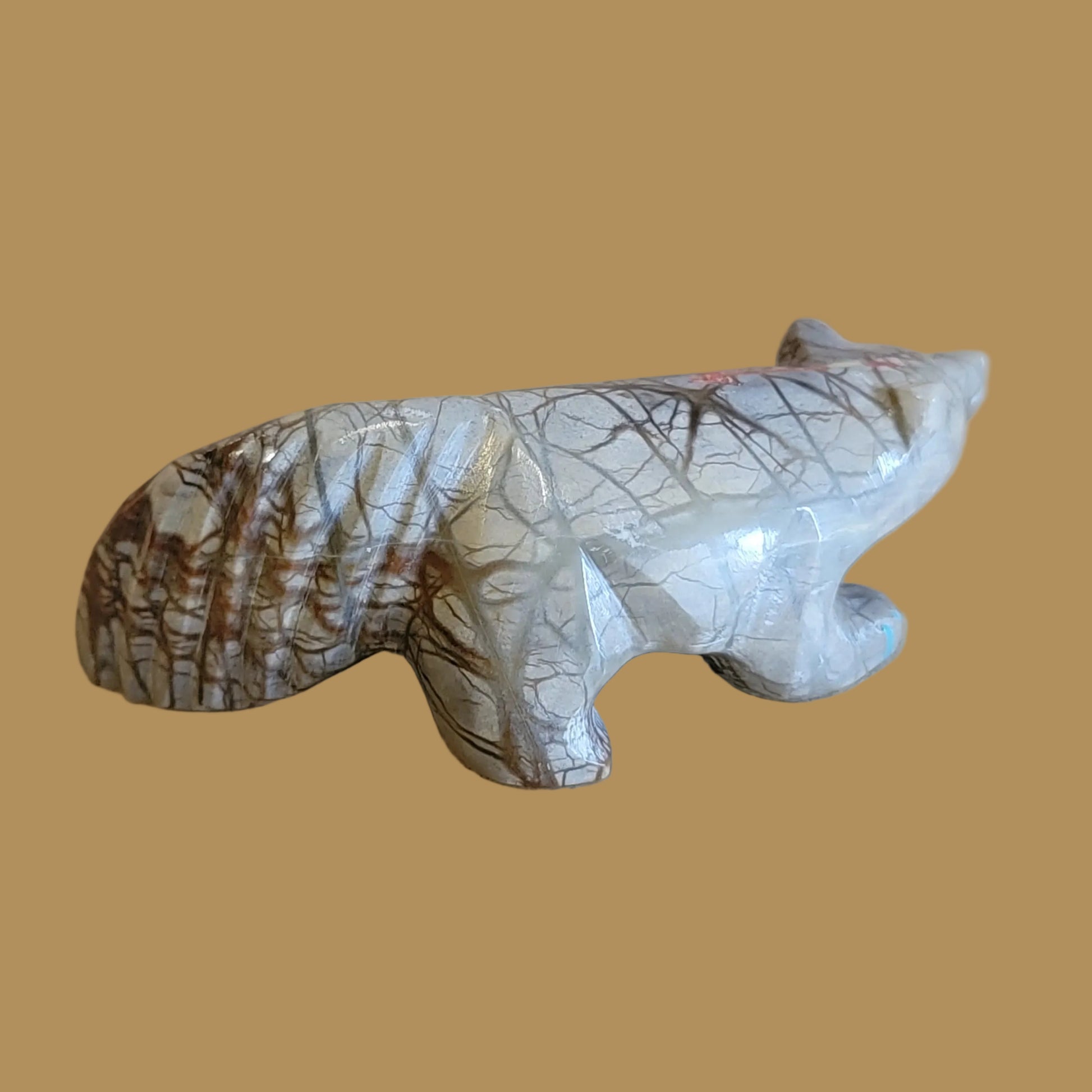 Unique Inlaid Picasso Marble Wolf Zuni Fetish