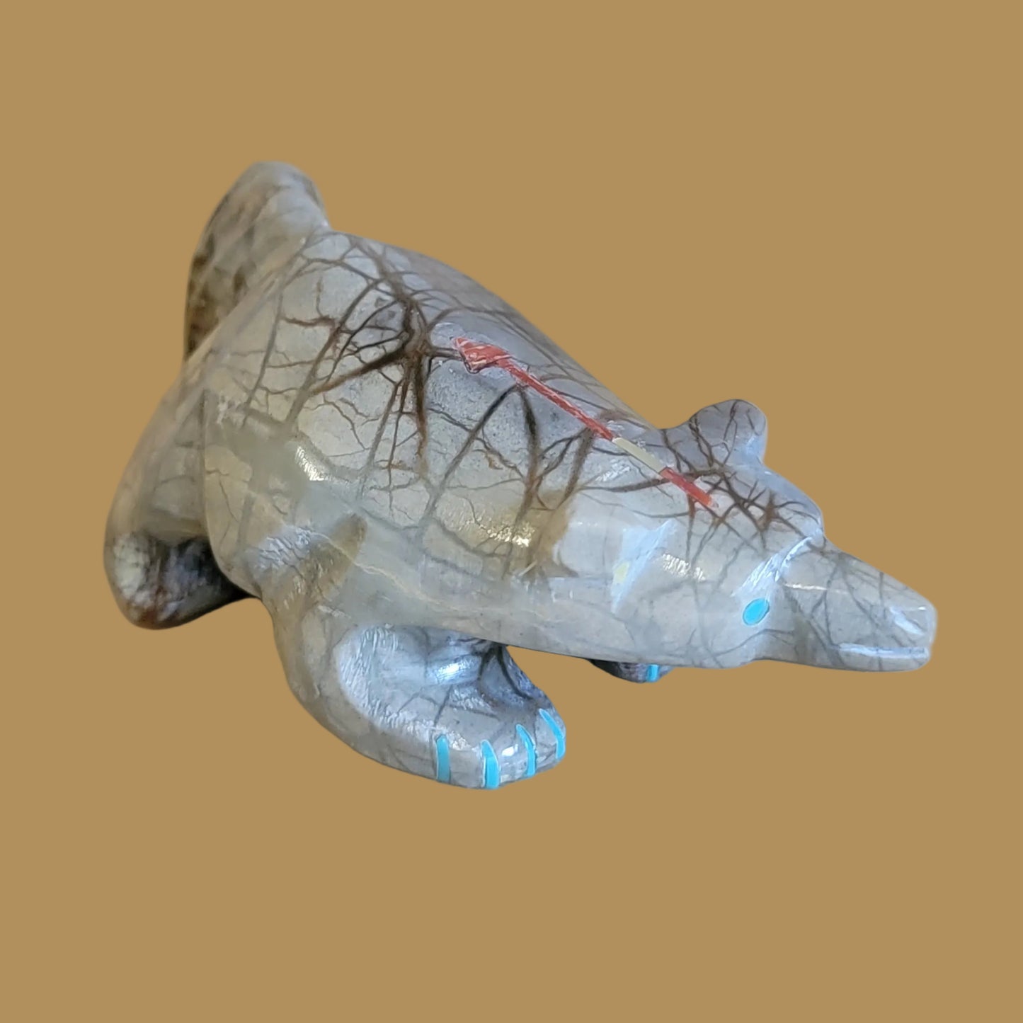 Unique Inlaid Picasso Marble Wolf Zuni Fetish