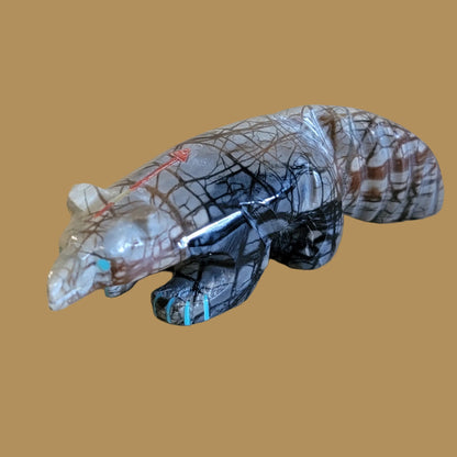 Unique Inlaid Picasso Marble Wolf Zuni Fetish