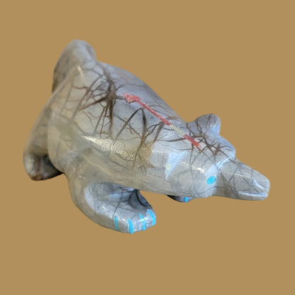 Unique Inlaid Picasso Marble Wolf Zuni Fetish