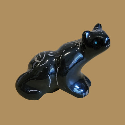 Highly Polished Black Marble Etched Sitting Mountain Lion Zuni Fetish