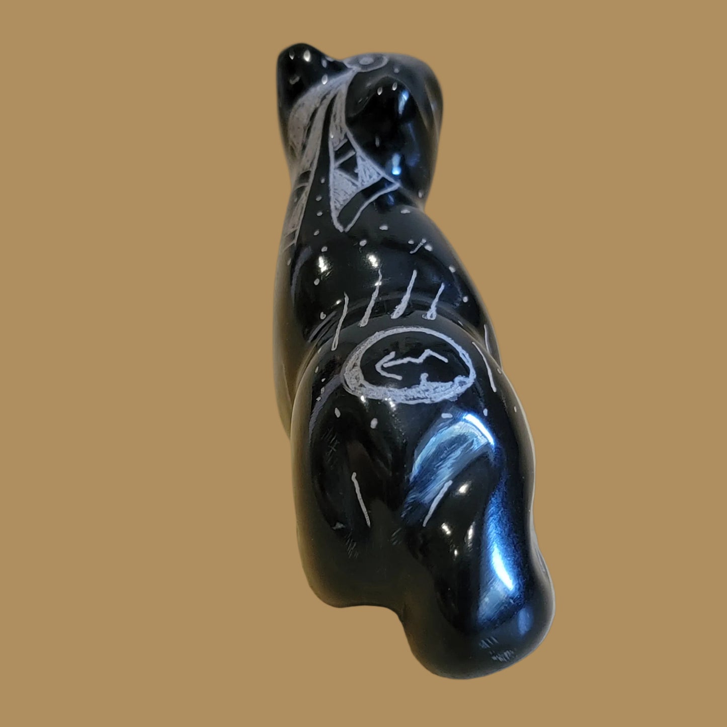 Highly Polished Black Marble Etched Sitting Mountain Lion Zuni Fetish