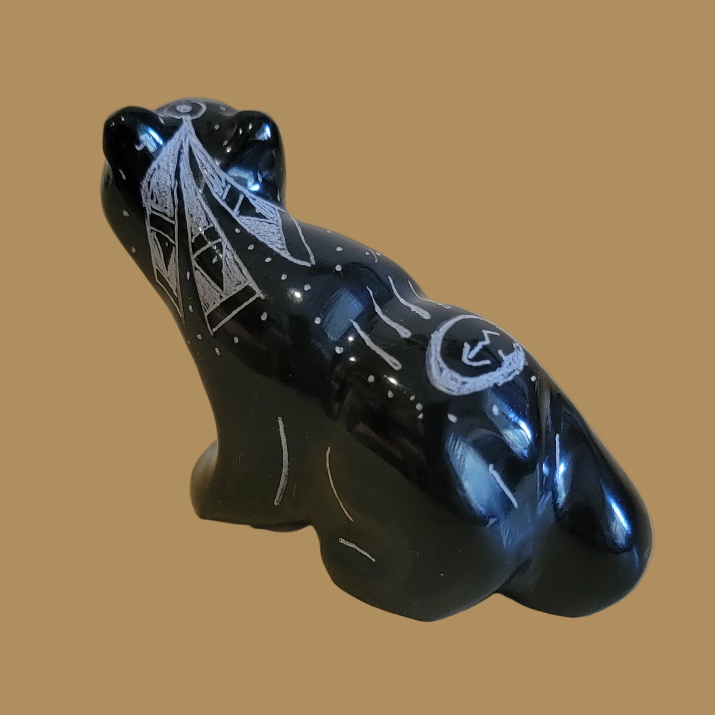 Highly Polished Black Marble Etched Walking Bear Zuni Fetish