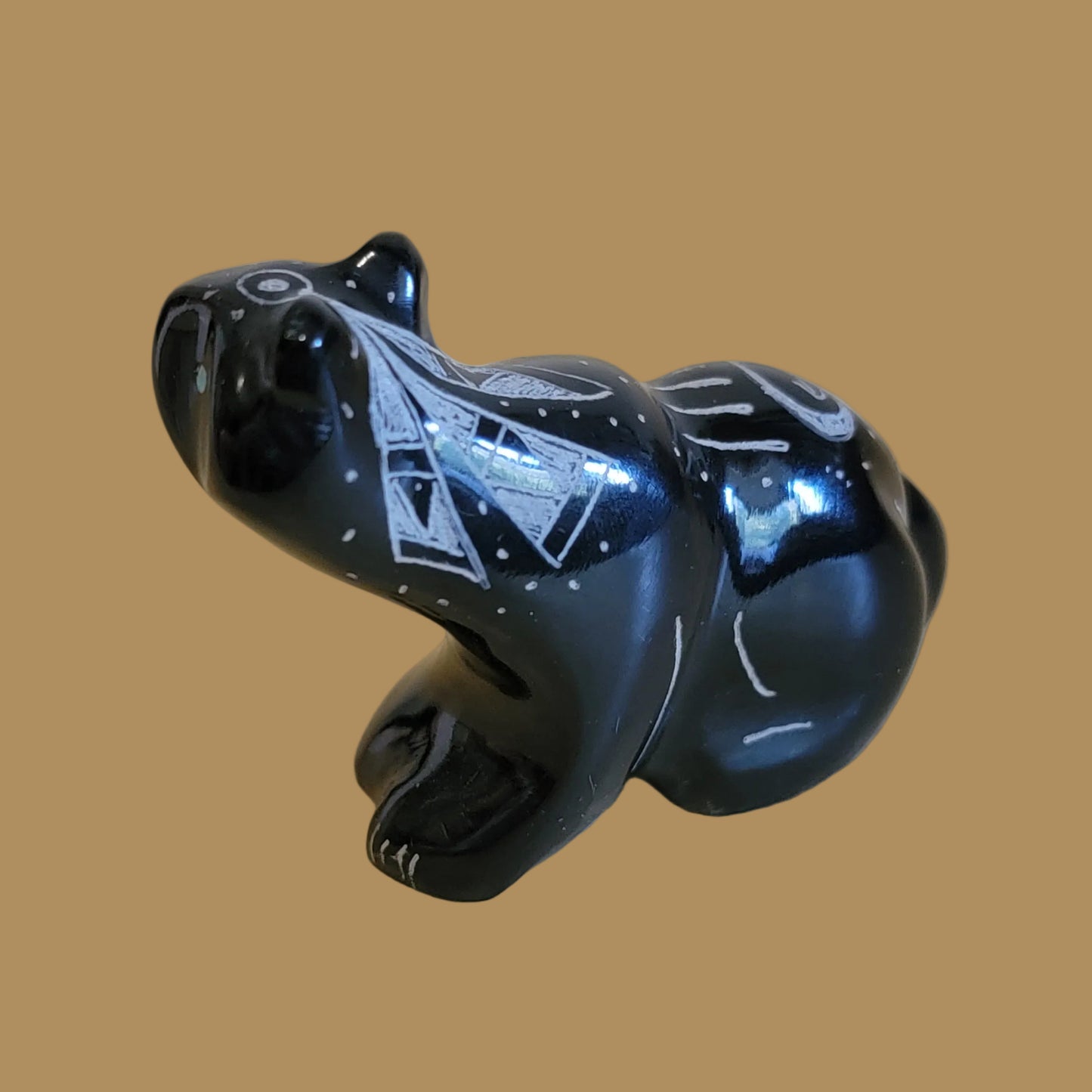 Highly Polished Black Marble Etched Walking Bear Zuni Fetish