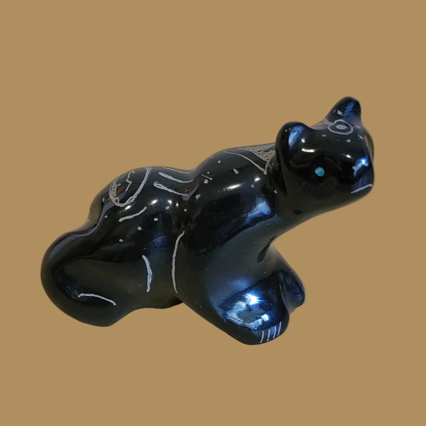 Highly Polished Black Marble Etched Walking Bear Zuni Fetish