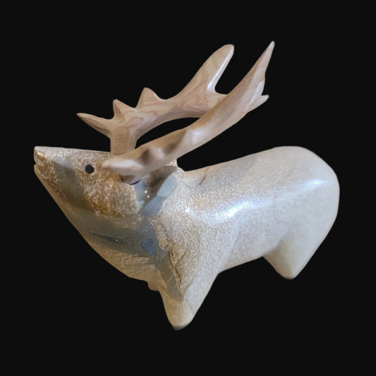 Travertine Elk w/Wooden Antlers Zuni Fetish